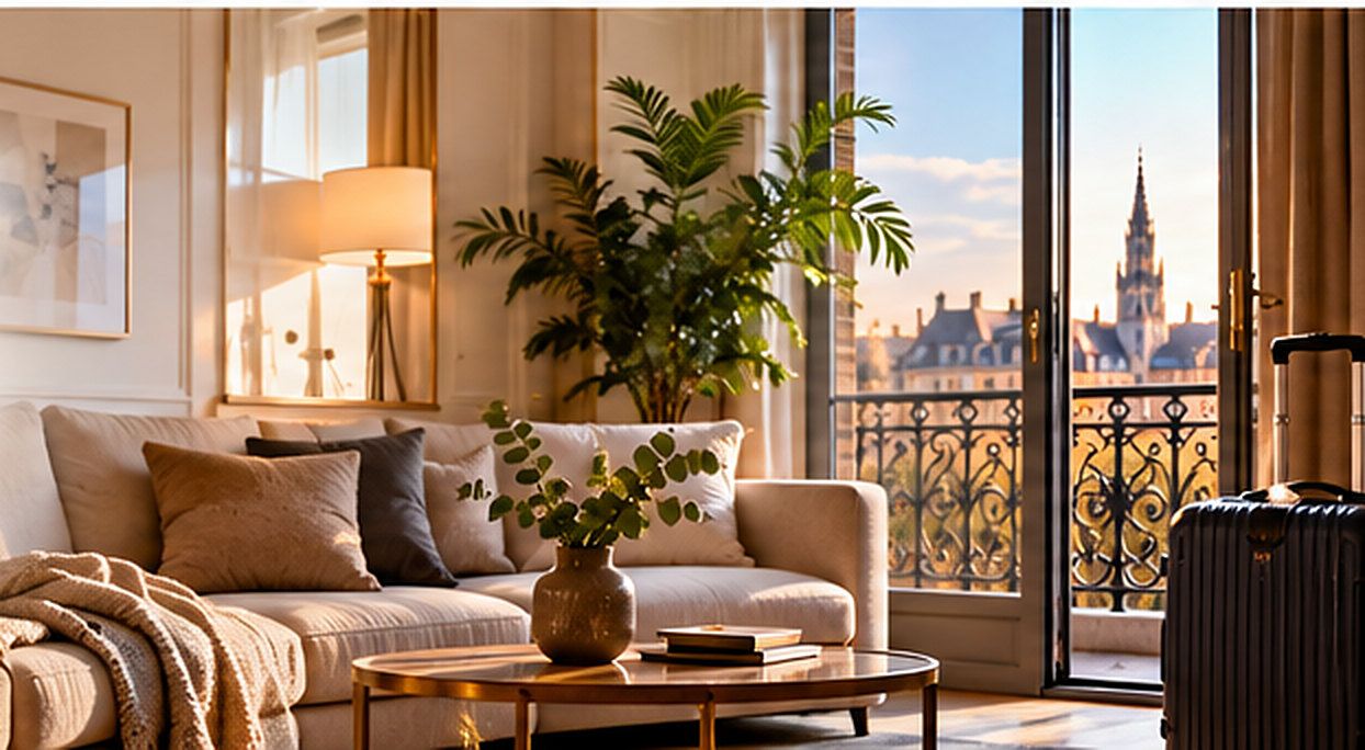 A bright living room with a sofa, plants and tall windows