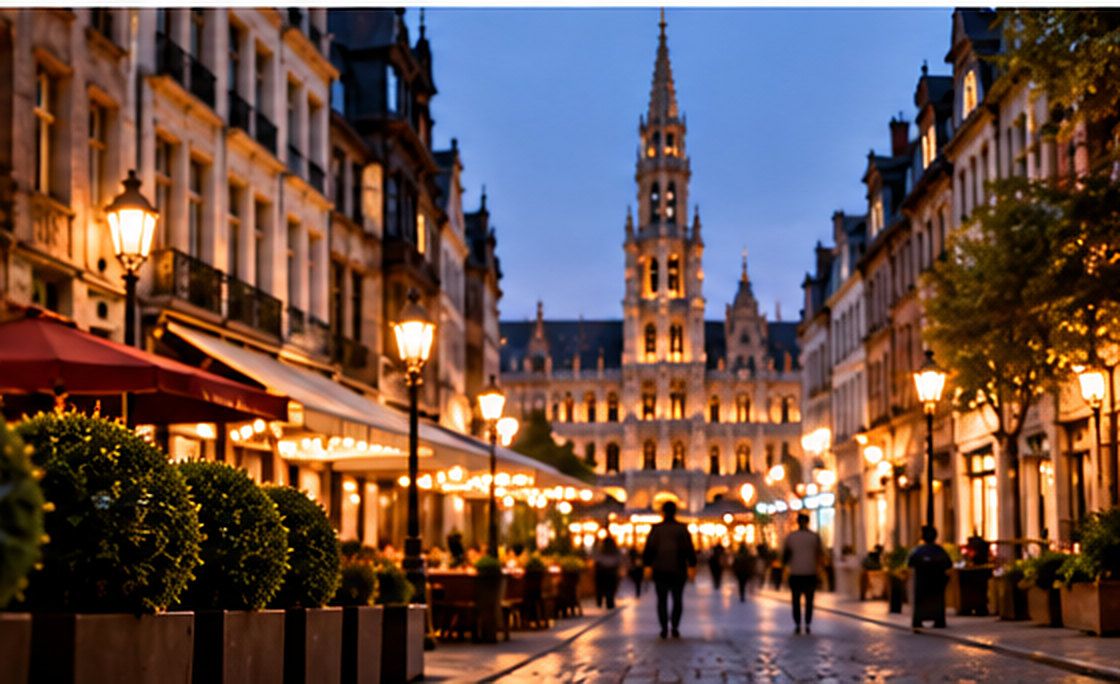 Brussels rooftops and the city hall spire in the evening